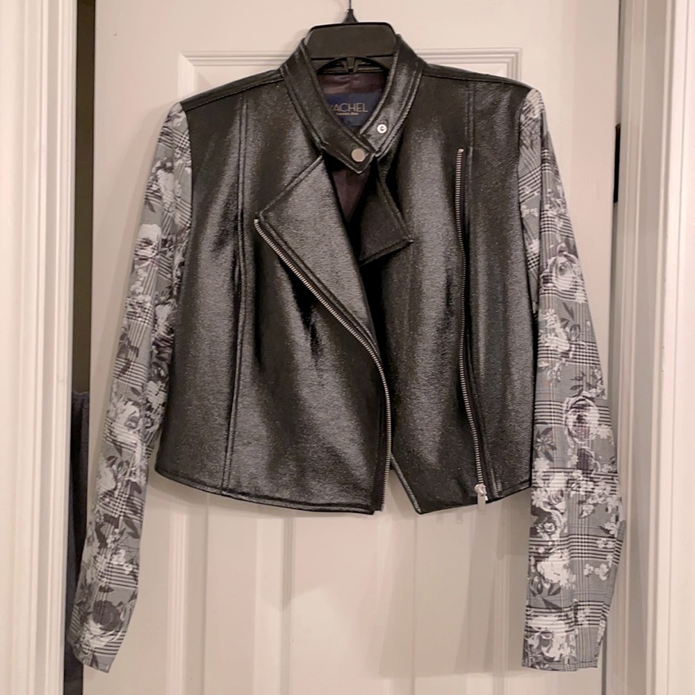 NWT 😻 gorgeous faux leather jacket with gingham/flowers pattern sleeves.